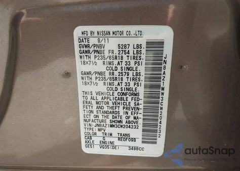 2012 Nissan Murano Sl z USA, uszkodzony, nr VIN JN8AZ1MW3CW204232